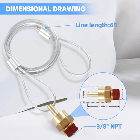 Dimensional drawing of 3/8 Inch Air Tank Drain Valve Plug With 60 Inch Cable Brass Replacement Part For Air Compressors.