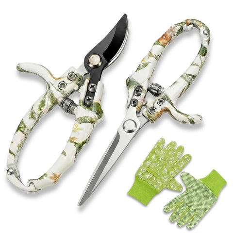 Two Pack Pruning Shears For Garden Work, 6.7-Inch Bypass Pruner And 7.2-Inch Straight Snips with gloves