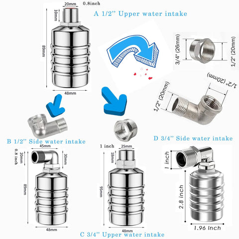 Auto water level float valve, 304 stainless steel; 1/2" and 3/4" inlets with top/side entry fittings.