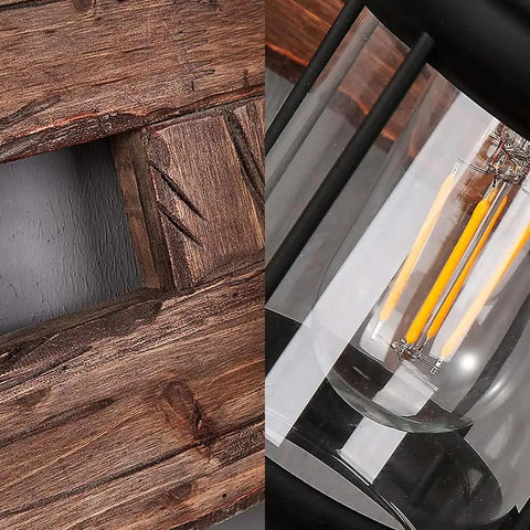 Close-up of Industrial Farmhouse Wall Sconce Lighting Fixture With Wooden Base And Two Lantern Lights For Bars And Restaurants