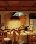 Blue Tiffany Style Mission Pendant Light 16 Inch Hanging Lamp With Stained Glass Two Light Antique Ceiling Fixture in cozy kitchen