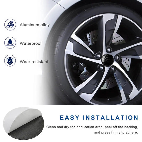 4 Piece Wheel Hub Center Cap Decals Sporting A Slick Usa Flag Graphic And Glossy Black Vinyl For Your Ride No Fuss Peel Stick Install Heavy Duty Weatherproof at an angle on a polished wheel.