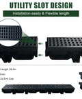 HDPE Channel Drain With Grates Two Pack 19.7x5.5x3.7 Inch Trench Drain System With Two Outlet Adapters For Outdoor Yard Pool Sidewalk Patio Fence Drainage, top view of black trench drain with grates and outlet adapters.