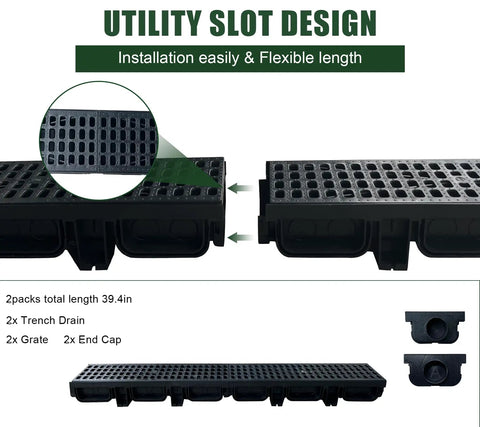 HDPE Channel Drain With Grates Two Pack 19.7x5.5x3.7 Inch Trench Drain System With Two Outlet Adapters For Outdoor Yard Pool Sidewalk Patio Fence Drainage, top view of black trench drain with grates and outlet adapters.