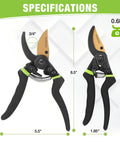 Effortless 8.5 Inch Bypass Pruning Shears with die-cast aluminum handle, sharp SK5 blade, nonstick coating, displayed front and side.