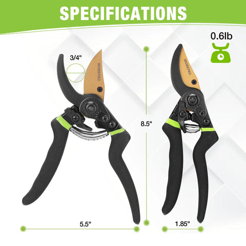 Effortless 8.5 Inch Bypass Pruning Shears with die-cast aluminum handle, sharp SK5 blade, nonstick coating, displayed front and side.