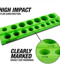 Six Pack Magnetic Socket Tray Set With Color Coded Metric And SAE Organizers For One Quarter Inch Three Eighths Inch And One Half Inch Drive Sockets Green high impact clearly marked size openings