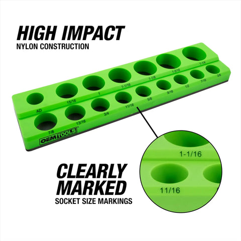 Six Pack Magnetic Socket Tray Set With Color Coded Metric And SAE Organizers For One Quarter Inch Three Eighths Inch And One Half Inch Drive Sockets Green high impact clearly marked size openings