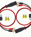 Two Pack Heavy Duty Battery Harness Compatible With Smart Chargers Featuring M10 Three Eighth Inch Terminal Connectors Ready To Hook Up Your Ride Setup Premium Quick Install Design Works Sweet For Dual Battery Systems with red and black cables and fuses.