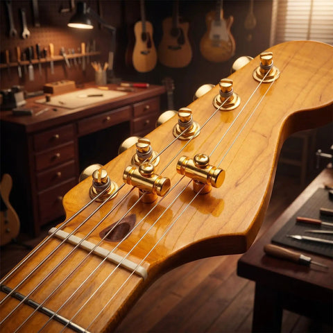 Top Tier Brass Guitar Roller String Retainers Fit Electric Guitars Perfectly on headstock showing smooth golden finish.