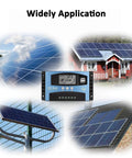 MPPT Solar Charge Controller 100A for 12V/24V Systems With LCD Display, depicted with solar panel installations.