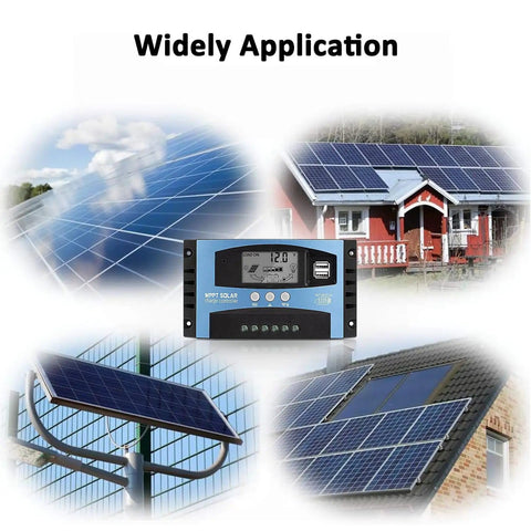 MPPT Solar Charge Controller 100A for 12V/24V Systems With LCD Display, depicted with solar panel installations.