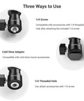Three ways to use 1/4 Inch Camera Hot Shoe Mount With Ball Head And Extra 1/4 Inch Screw, showing compatibility with accessories