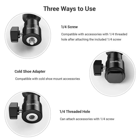Three ways to use 1/4 Inch Camera Hot Shoe Mount With Ball Head And Extra 1/4 Inch Screw, showing compatibility with accessories