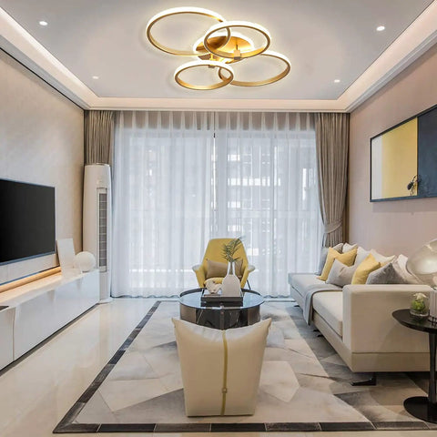 40W Modern Ceiling Light With 2 Ring Design Dimmable Flush Mount Fixture Remote Control Gold Acrylic Chandelier in living room