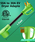 Plug And Play Nema 14-50 To 14-30 Power Adapter Cord showing 1-foot green EV dryer adapter with three-prong plug.