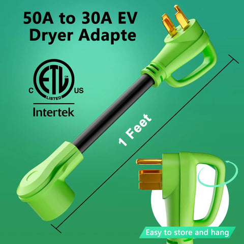 Plug And Play Nema 14-50 To 14-30 Power Adapter Cord showing 1-foot green EV dryer adapter with three-prong plug.