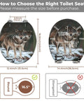 Toilet Seat Round Resin for Bathroom showing measurement guide for sizes and fit with wolf design on the cover.