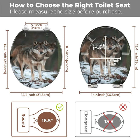 Toilet Seat Round Resin for Bathroom showing measurement guide for sizes and fit with wolf design on the cover.