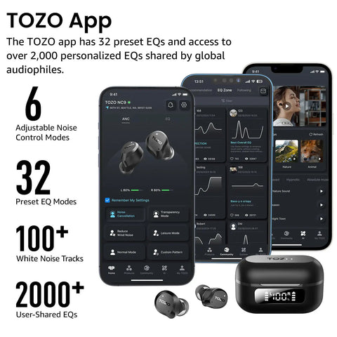 Hybrid Active Noise Cancelling Wireless Earbuds With Six Microphones ENC For Crystal Clear Calls IPX8 App display on phone