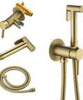 Warm Water Bidet Sprayer With Hot And Cold Brass Rough In Valve And SUS304 Stainless Steel Round Handheld Attachment For Toilet Easy Install 47 Inch Hose Holder Trim Kit For Feminine Care Pets And Baby Diaper Wash Brushed Gold components displayed.