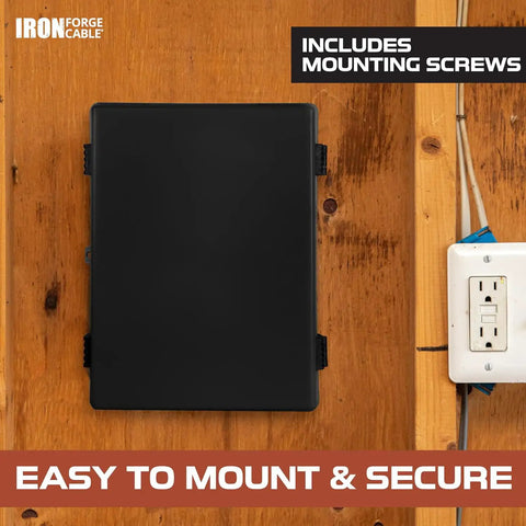Extra Large Waterproof Outdoor Junction Box With Hinged Panel Cover mounted on wood wall, includes mounting screws visible