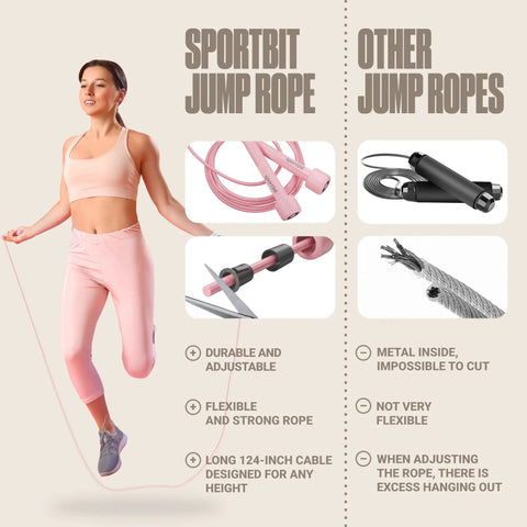 Woman using adjustable jump rope for fitness and cardio; comparison with other jump ropes; pink pro grade skipping rope for men and women.