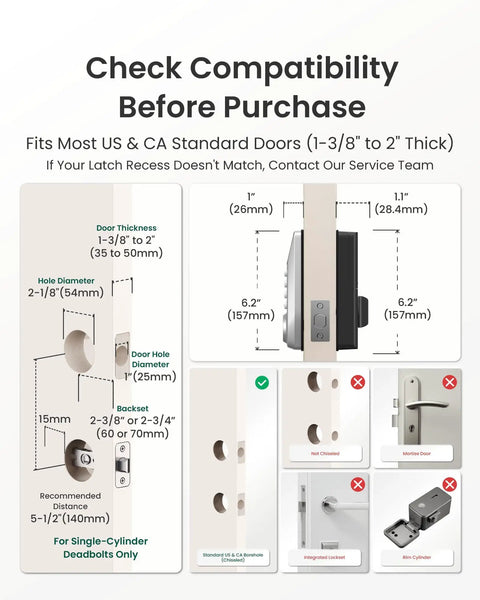 Smart Lock With Built In WiFi Keyless Entry And Display No Key Needed Front Door Deadbolt For Home And Rental Use 100 PIN Codes IP54 Weather Rating BHMA Grade 3 Security Silver installed compatibility guide.