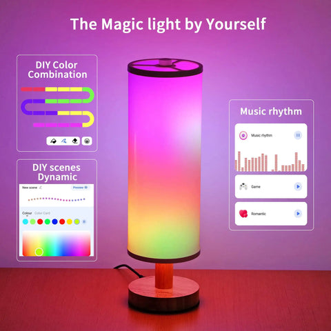 Lit Smart Table Lamps Set Of 2 With RGB Color Changing, Remote And App Control, shown with color and music app features