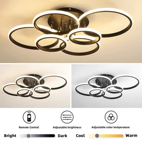 Dimmable 99W Modern LED Ceiling Light With Remote Control Six Ring Circle Design with color temperature options displayed