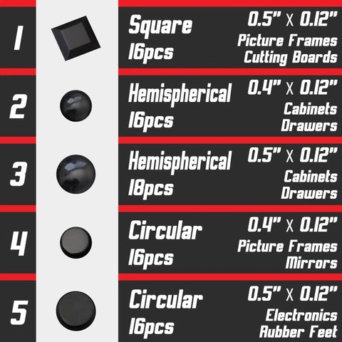 Bumper And Rubber Feet 82 Piece Combo Pack Black Stick On Self Adhesive 5 Bumper Shapes For Cabinets Drawers Picture Frames Cutting Boards Electronics And More Protect Surfaces From Scratches And Slips. Image shows bumper shapes and sizes in pack.