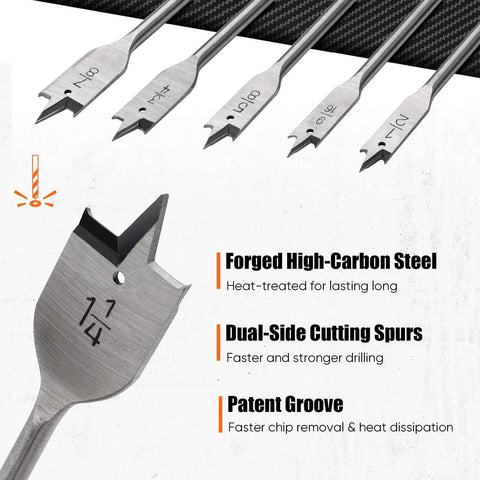PINOZE 14-piece spade drill bit set with 6in extension, 1/4in–1-1/2in paddle bits, nylon storage pouch.