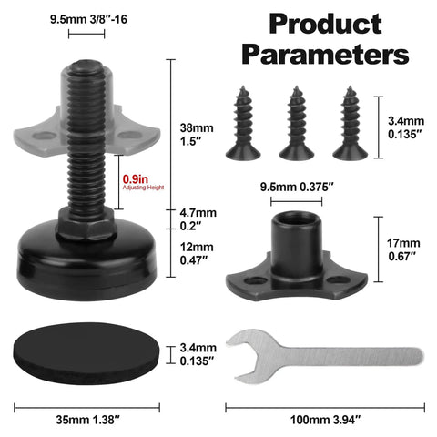 Four Pack Heavy Duty Furniture Levelers With Adjustable Feet For Uneven Floors From 0.75 To 1.75 Inches, Supports Up To 1320 Lbs, Large Base Black Kit With Three Eighths Sixteen Thread T Nut For Stabilizing Wobbling Sofas Tables Cabinets And Chairs
