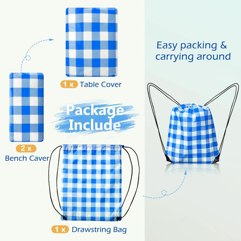 Picnic Table Cover With Bench Covers And Carry Bag, Windproof Outdoor Table Protector With Elastic Edges, Blue, 3-piece set with carry bag.