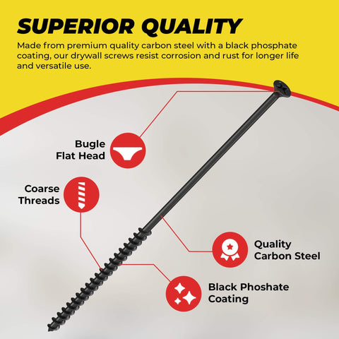 Image showing Size Ten Coarse Thread Drywall Screw With Sharp Point And Phillips Drive Two Bugle Head Black 6 Inch 1 Lb Pack Pro Grade features.