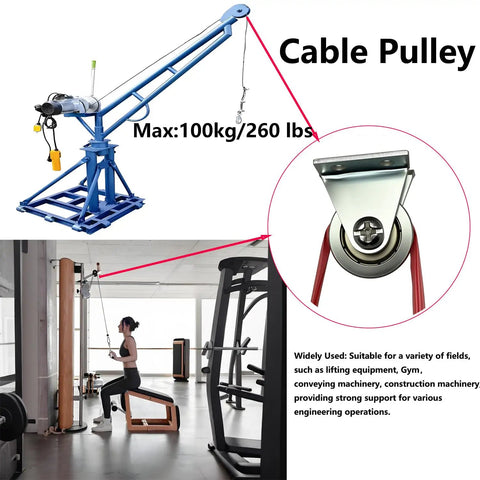 1/8 Inch Cord Small Wire Rope Pulley Block With Silent Bearing For Lifting, 23mm Wheel, 260 Lb Load, Wire Rope Guide Wheel, L Bracket, Electrogalvanized Carbon Steel Construction installed in a gym cable setup