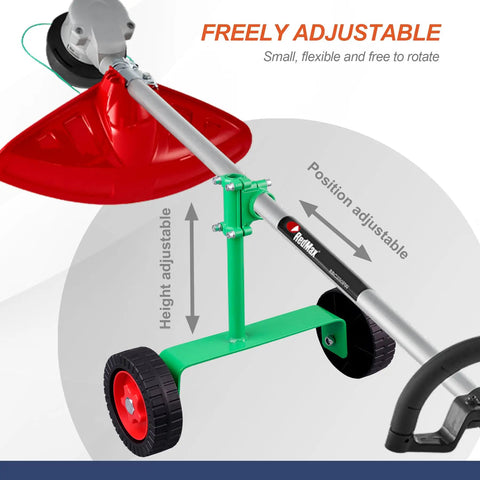 Image of Adjustable String Trimmer Support Wheel Attachment For 26mm And 28mm Poles with ergonomic green frame and red trimmer head.