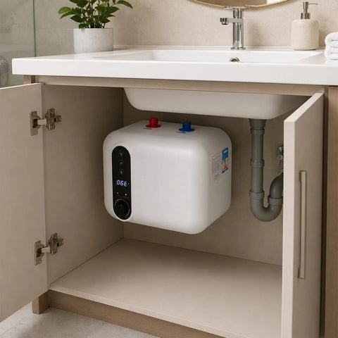 2.6 Gallon Electric Mini Tank Water Heater Equipped With Solid Stainless Steel Core For Compact Under Sink Placement Quick Warm Water Relief In Kitchens Or Rvs Featuring No Sweat Setup And Plug And Play Wiring installed under a kitchen sink.