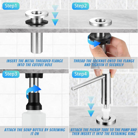 Installation steps for Long Spout Kitchen Soap Dispenser For Granite And Quartz Countertops In Brushed Nickel Stainless Steel Finish