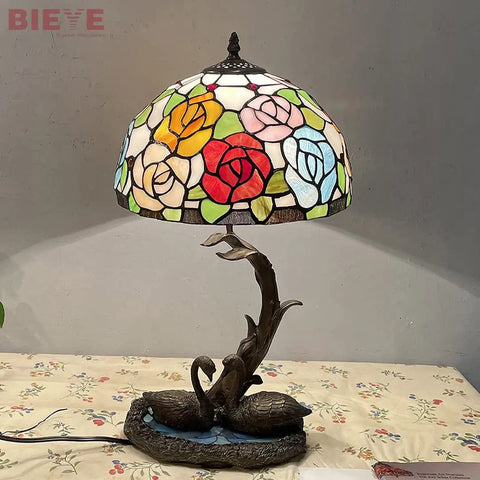 Rose Flowers Tiffany Style Stained Glass Table Lamp With Swan Mosaic Base for Bedside Or Living Room 21 Inches Tall Handmade