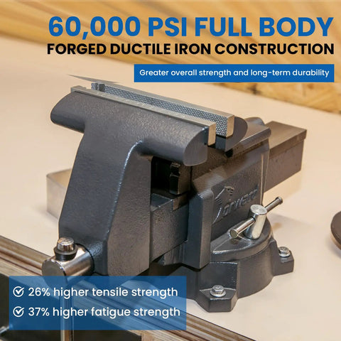 8 Inch Heavy Duty Bench Vise With Anvil And 190 Degree Swivel Base, beefy ductile iron build, shown in a workshop setting