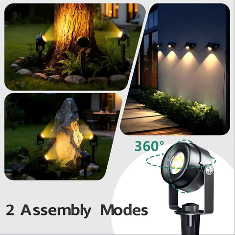 Low Voltage Landscape Lighting With Bluetooth App Control And Remote Outdoor Spotlights illuminating yard and pathway