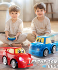 Two boys playing with Two Pack Easy Use 2.4 GHz RC Cars For Toddlers And Kids Ages 1 To 6 With Cartoon Design, four button remote control