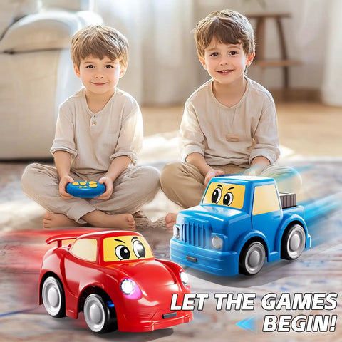 Two boys playing with Two Pack Easy Use 2.4 GHz RC Cars For Toddlers And Kids Ages 1 To 6 With Cartoon Design, four button remote control
