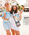 Women enjoying outdoors with a Stadium Approved Clear Bag For Women Crossbody Purse See Through Tote For Concerts Festivals And Sports Events Dual Compartment Keeps Your Essentials Organized And Easily Inspected At The Gate, showing detachable and adjustable strap features.