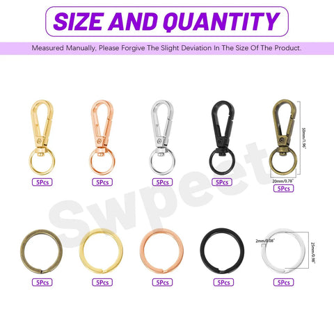 50Pcs 5 Colors Push Gate Snap Hooks With Key Rings Kit For Lanyards Handbags DIY Crafts display in different colors and sizes