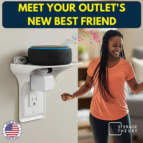 Floating Wall Outlet Shelf With Cord Storage Strap For Bedroom, Bathroom And Kitchen No Drill Needed To Reclaim Counter Space And It Fits Echo Dot, Alexa Stand, HomePod Mini, And More In White 1 Pack
