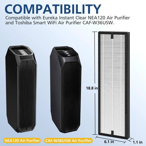 Heavy Duty HEPA Filter Bundle For Eureka NEA120 And Toshiba CAF W36USW Air Purifiers with filter dimensions 18.8x6.1x1.1 inches