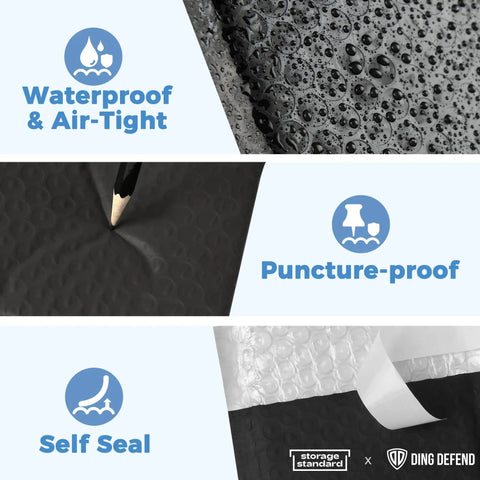 Image showing features of Self Sealing Waterproof Bubble Mailer 4x8 Inch With 4x7 Usable Space, including waterproof, puncture-proof, and self-seal.