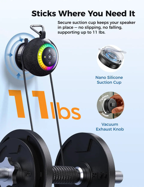 Waterproof Portable Shower Speaker Delivers 360 Degree Sound And RGB Lights IPX7 with suction cup and vacuum knob on weights